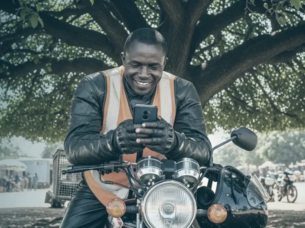 A boda-boda rider checking his phone at a roadside market