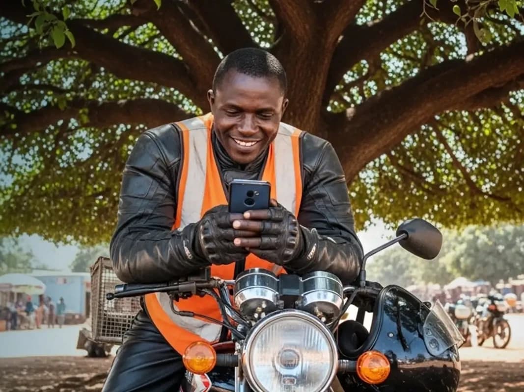 A boda-boda rider checking his phone at a roadside market