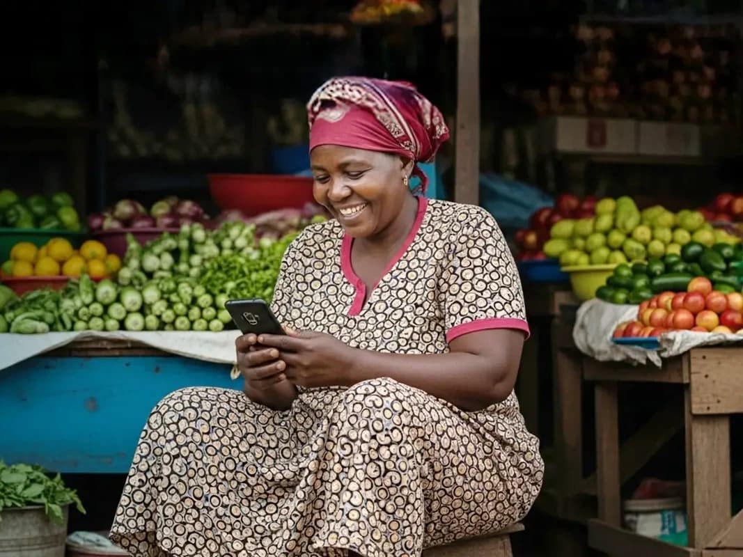 A market trader smiling at her phone beside her produce stall